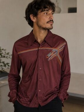 Vintage Roland by Roland Kosser Disco Graphic Shirt Burgundy SIZE MEDIUM 15.5